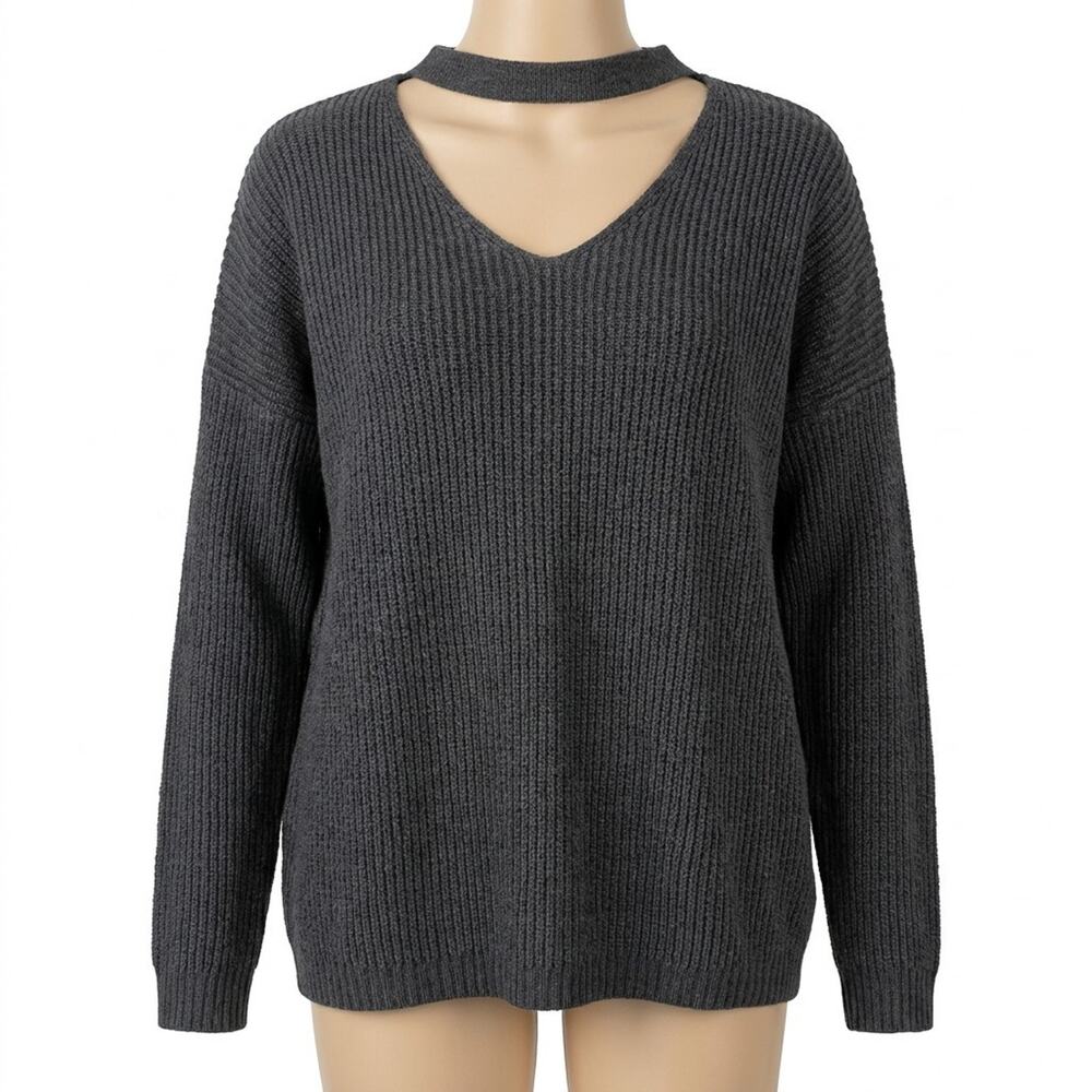 American Eagle Chunky Women’s Heather Grey Large Soft V-Neck Choker Sweater
